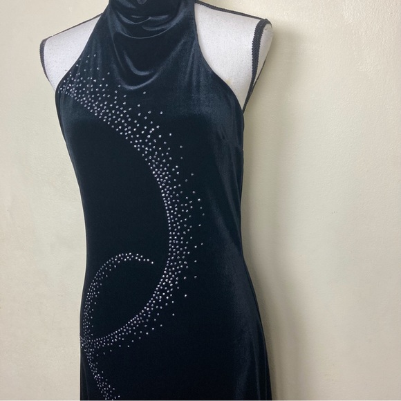 Jessica McClintock Size 10 Black Velvet Maxi Prom Dress Halter Sequins Cowl - Picture 4 of 12